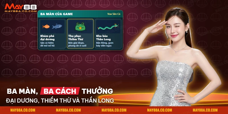 Ba màn của bắn cá Vua Săn Cá May88 gồm Khám phá đại dương, Thu phục Thiềm Thừ và Kho báu Thần Long