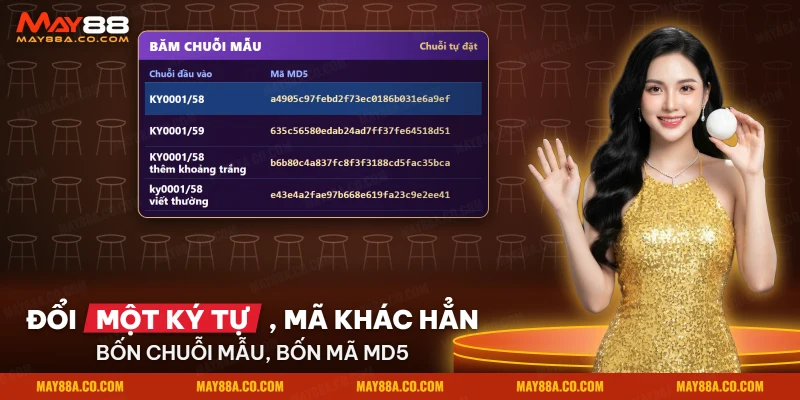 Bốn chuỗi mẫu và mã MD5 tương ứng của lô đề siêu tốc, chỉ khác nhau một ký tự