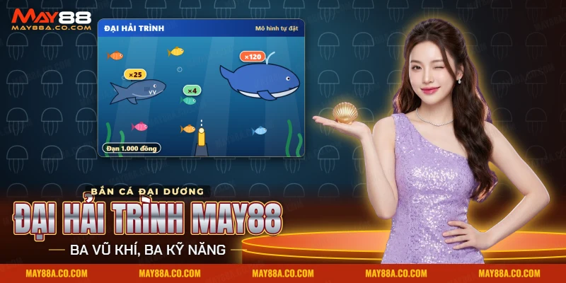 Màn chơi bắn cá Đại Hải Trình May88 với cá nhỏ, cá mập, cá voi và khẩu súng ở đáy màn hình