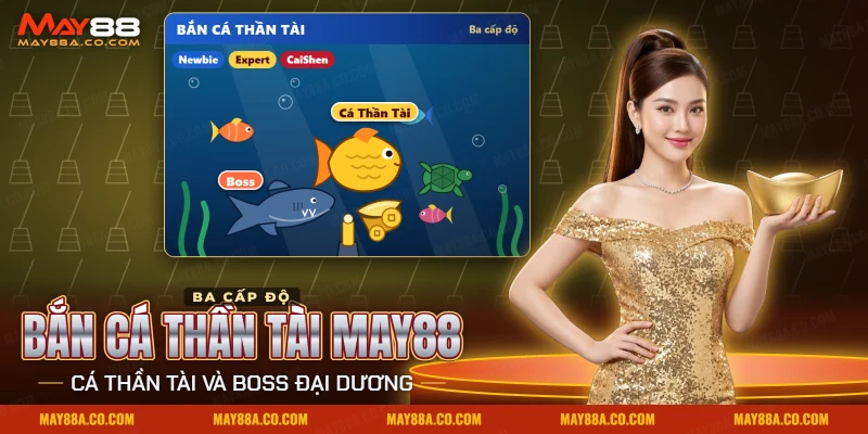 Bắn cá Thần Tài May88 đặt cá thần tài và boss đại dương vào cùng bàn với ba cấp độ chơi
