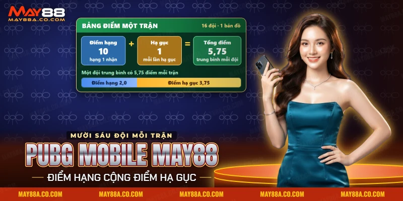 Cá cược PUBG Mobile May88 với bảng điểm gồm điểm hạng cộng điểm hạ gục của mỗi đội trong một trận