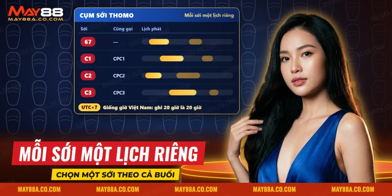 Bốn sới trong cụm đá gà Thomo, mỗi sới mang tên gọi khác và lịch phát riêng theo ngày