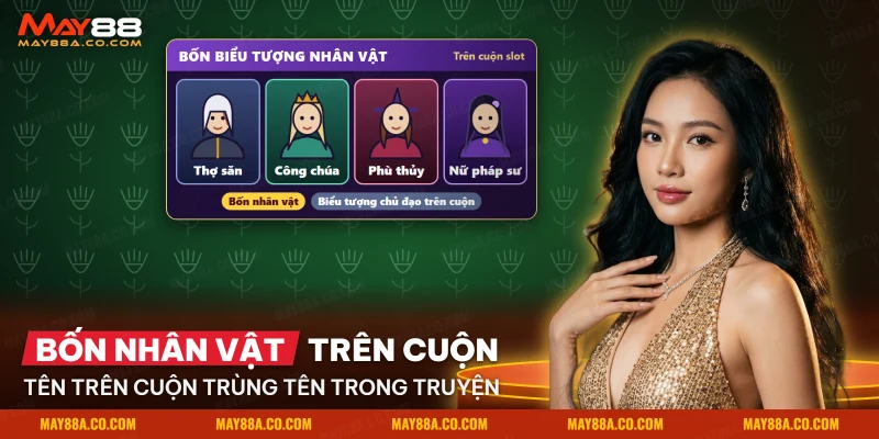 Bốn biểu tượng thợ săn, công chúa, phù thủy và nữ pháp sư trên cuộn slot The Witcher