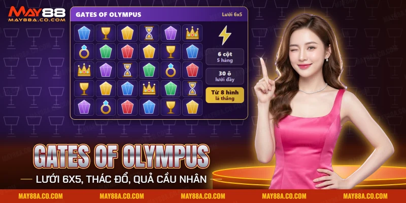 Đá quý, chén thánh và vương miện trên lưới của nổ hũ Gates of Olympus May88