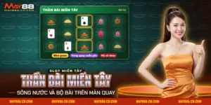 Slot miền Tây với thuyền ghe và bộ bài trên màn quay của nổ hũ Thần Bài Miền Tây May88