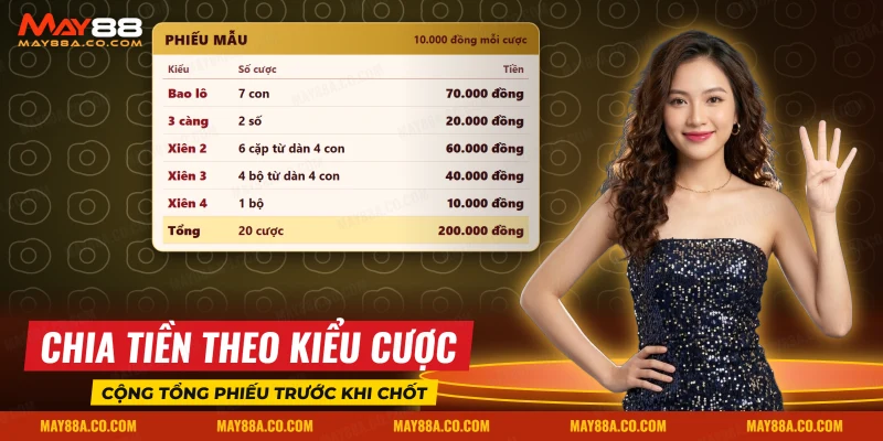 Phiếu mẫu bao lô, lô xiên và 3 càng May88 ghi số cược, tiền từng kiểu và dòng tổng
