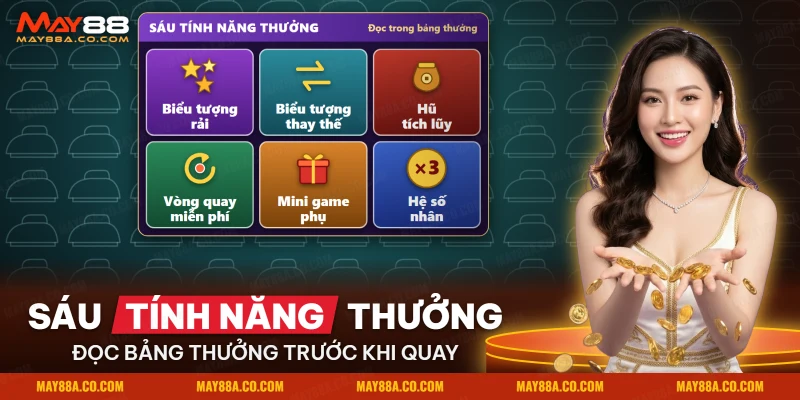 Sáu tính năng thưởng của Kho Báu Tứ Linh gồm biểu tượng rải, biểu tượng thay thế, hũ và vòng quay miễn phí