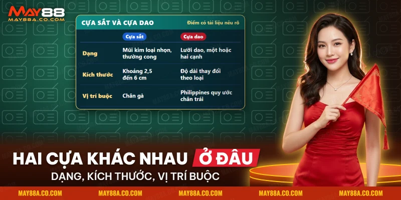 Bảng so sánh cựa sắt và cựa dao theo dạng, kích thước và vị trí buộc