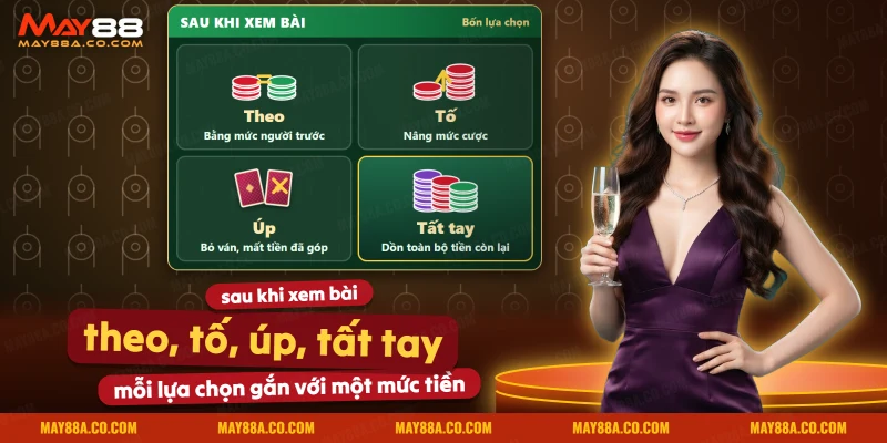 Bốn lựa chọn theo, tố, úp và tất tay ở bàn Liêng