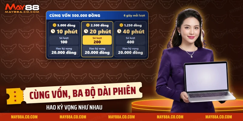 Cùng một vốn, ba mức tổng cược của nổ hũ Thần Bài Miền Tây May88 cho ba độ dài phiên quay