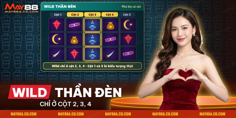 Cột biểu tượng thay thế hóa Thần Đèn phủ kín một cột giữa của slot Aladdin